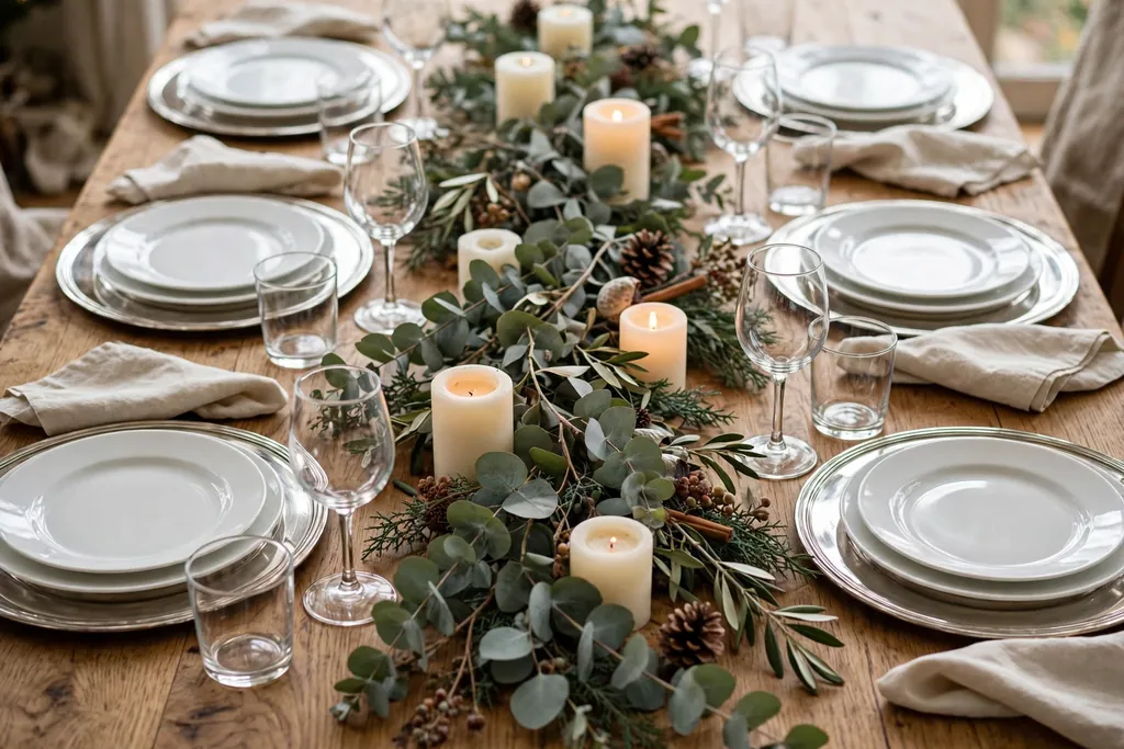 Christmas table with a eucalyptus runner, silver chargers, and white plates.