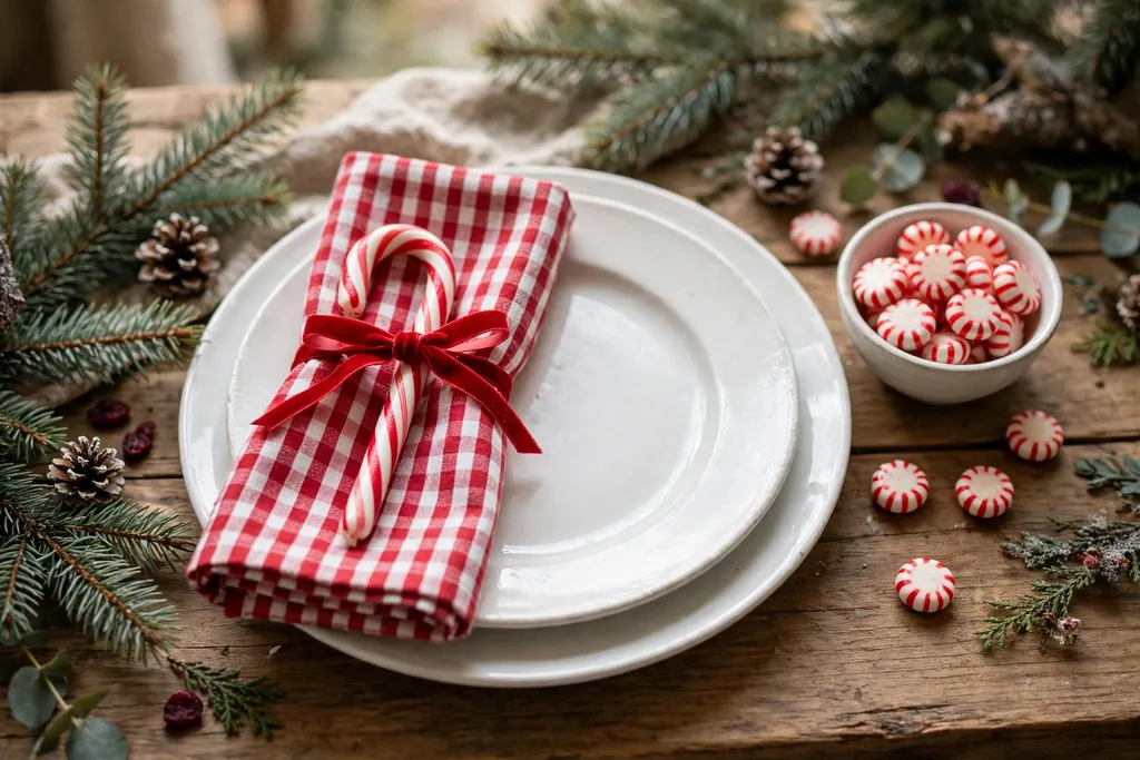 Christmas place setting with a candy cane tied with ribbon to a napkin and peppermint candies.