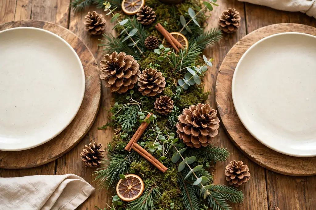 Christmas table center with a moss strip, pinecones, and cream plates.