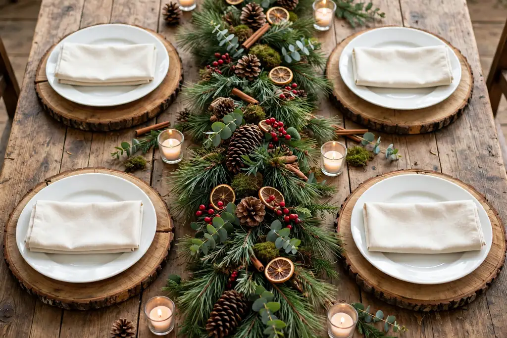 Rustic Christmas table with wood slice chargers, pine garland, and cream napkins.