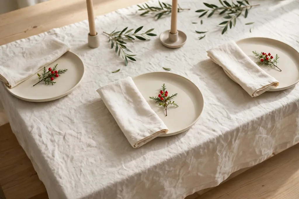 Minimal Christmas table with cream linen, cream plates, and one red berry sprig accent.