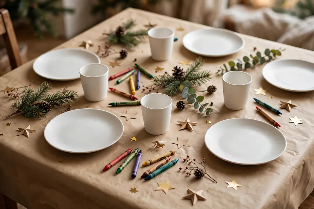 Kids Christmas table covered with kraft paper, plain plates, and crayons.