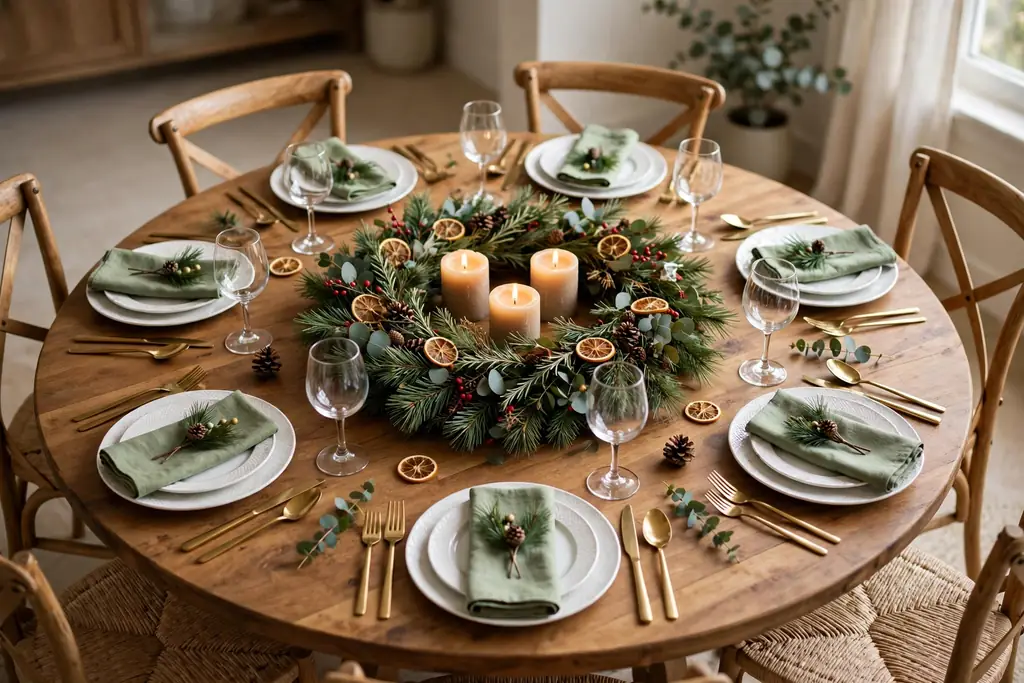 Round Christmas table with a pine wreath centerpiece holding short candles.