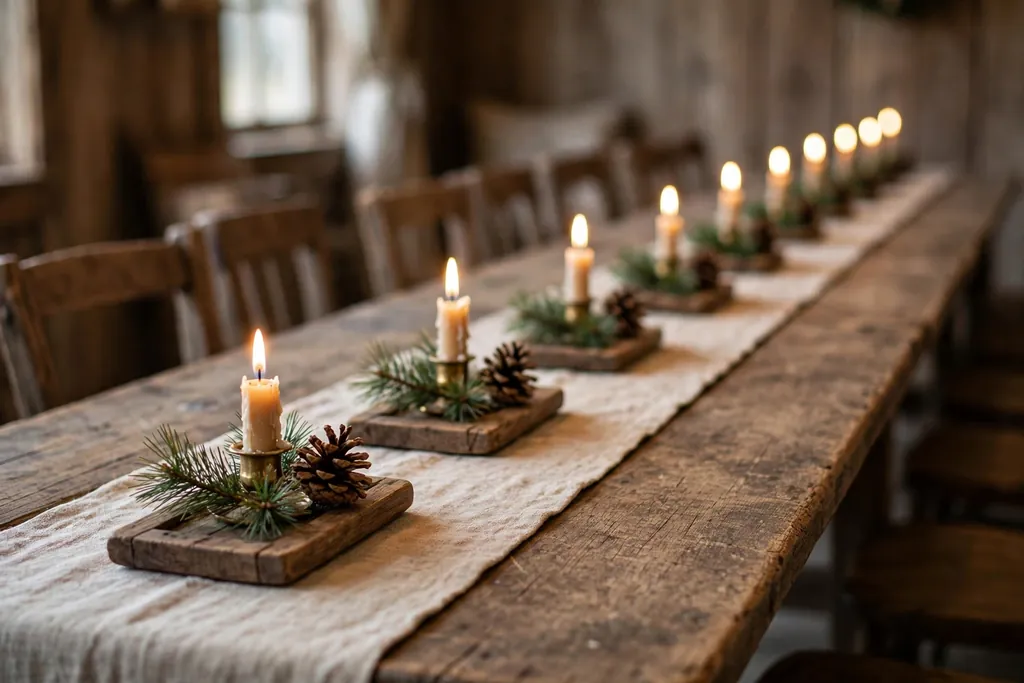 Long banquet Christmas table with repeated small candle, pine sprig, and pinecone arrangements.