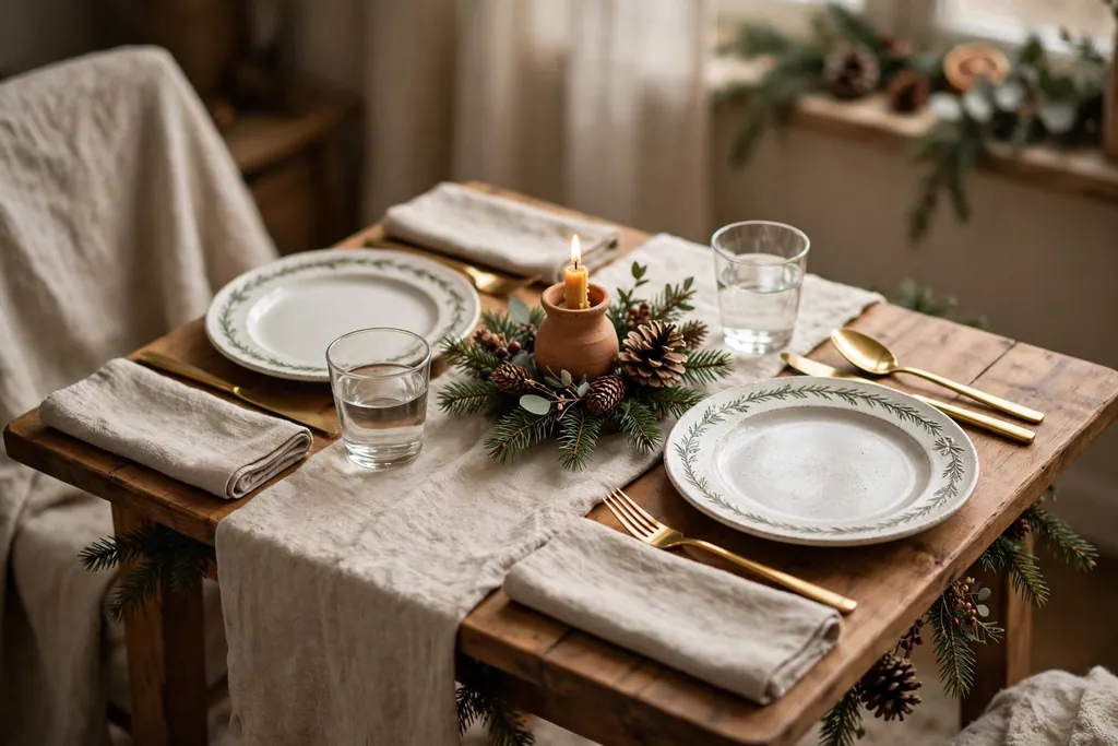 Small Christmas table for two with matching settings and a single candle centerpiece.