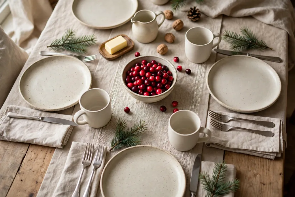 Christmas morning breakfast table with everyday plates, mugs, and a pine sprig at each place.