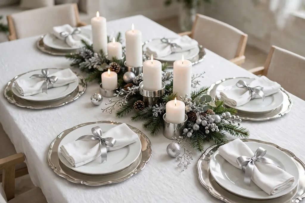 White and silver Christmas table with white plates, silver chargers, and white candles.