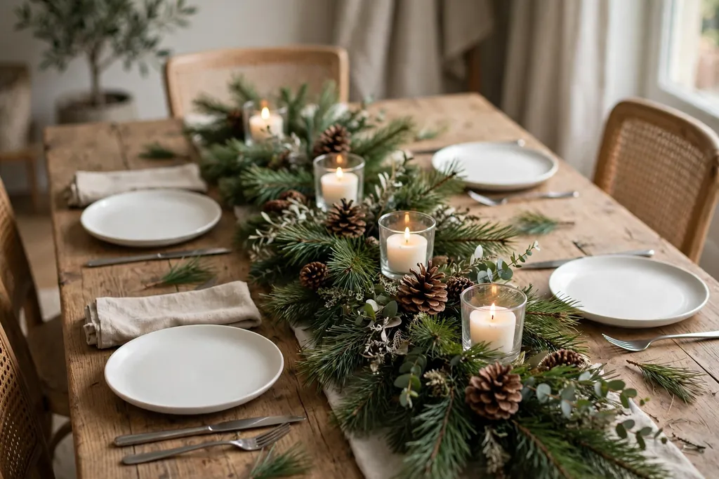 Dining table with a fresh pine garland runner, pinecones, and short candles.
