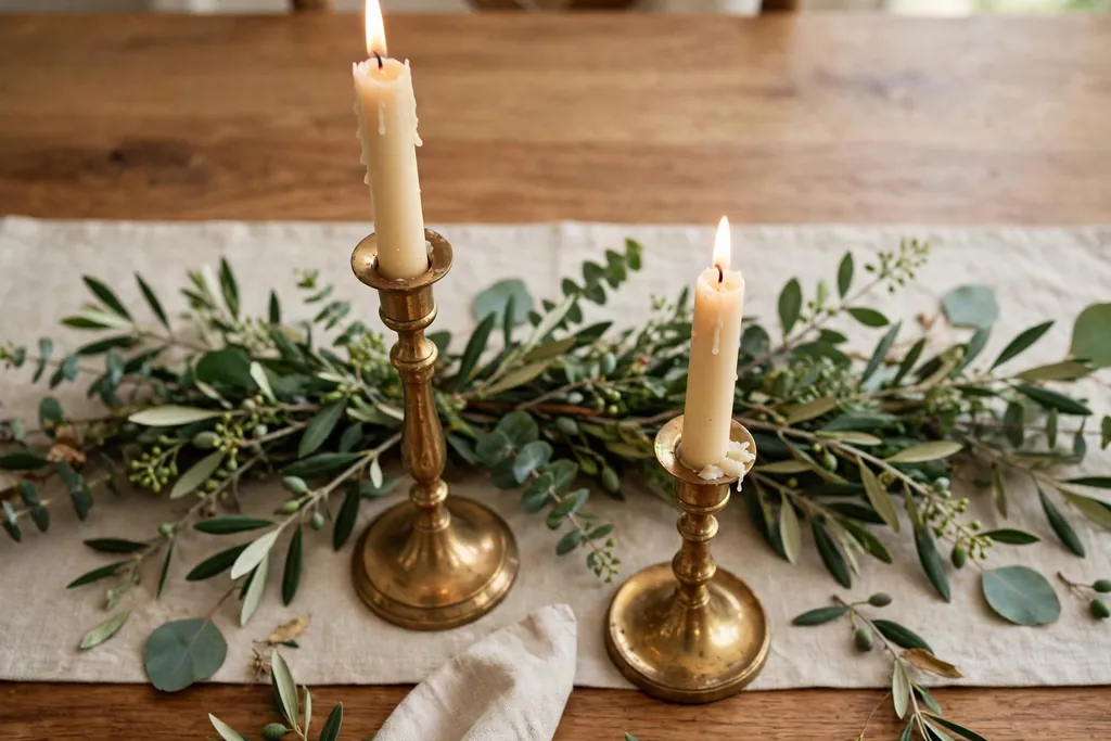 Dining table center with brass candlesticks holding cream taper candles.