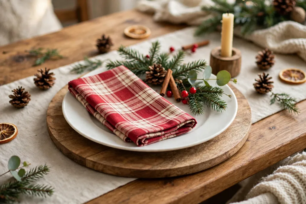 Christmas place setting with red plaid napkins, white plates, and wood chargers.