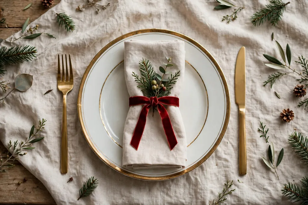 Christmas place setting with gold rimmed plates and napkins tied with red velvet ribbon.