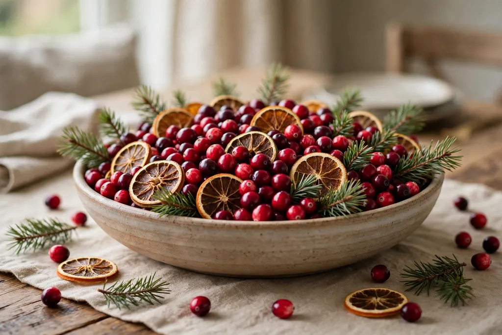 Low bowl centerpiece with fresh cranberries, dried orange slices, and pine sprigs.