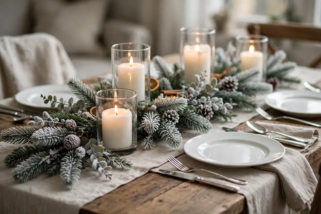 Christmas table with frosted pine picks, white candles, and silver cutlery.