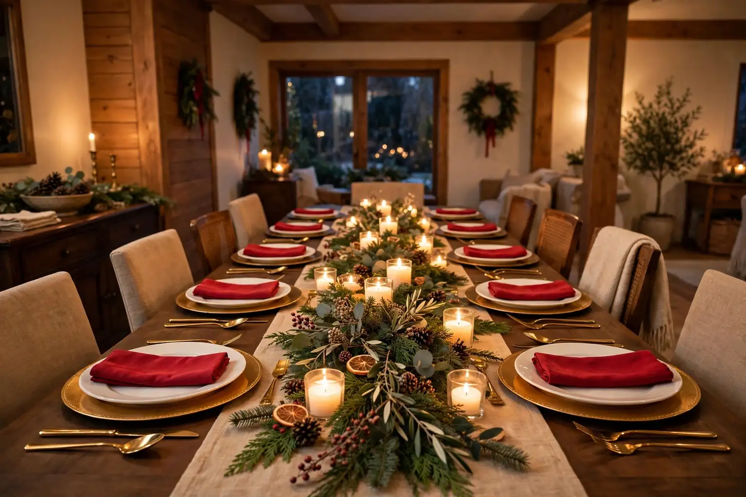 Full Christmas dining table with red and gold place settings, a low greenery centerpiece, and warm candlelight.