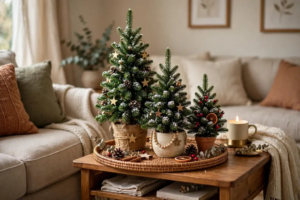 Three mini Christmas trees of different heights grouped on a round tray on a side table.