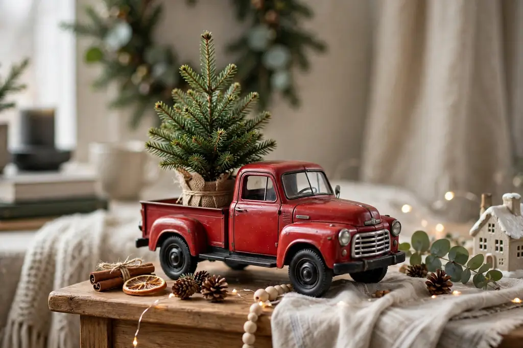 Small red truck carrying a mini fir tree on a side table.