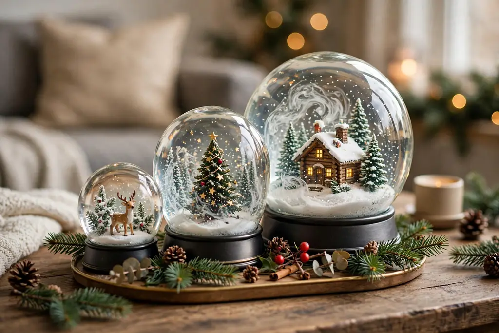 Three snow globes of different sizes grouped on a small tray with fir sprigs.