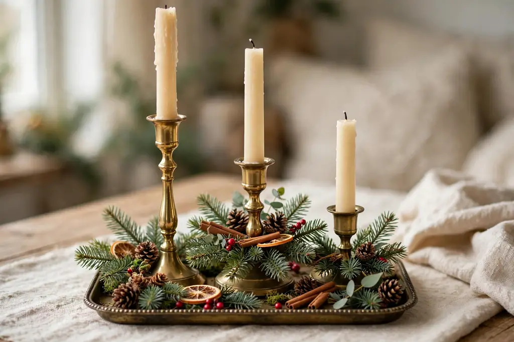 Brass candlesticks of different heights with cream tapers and fir sprigs on a tray.