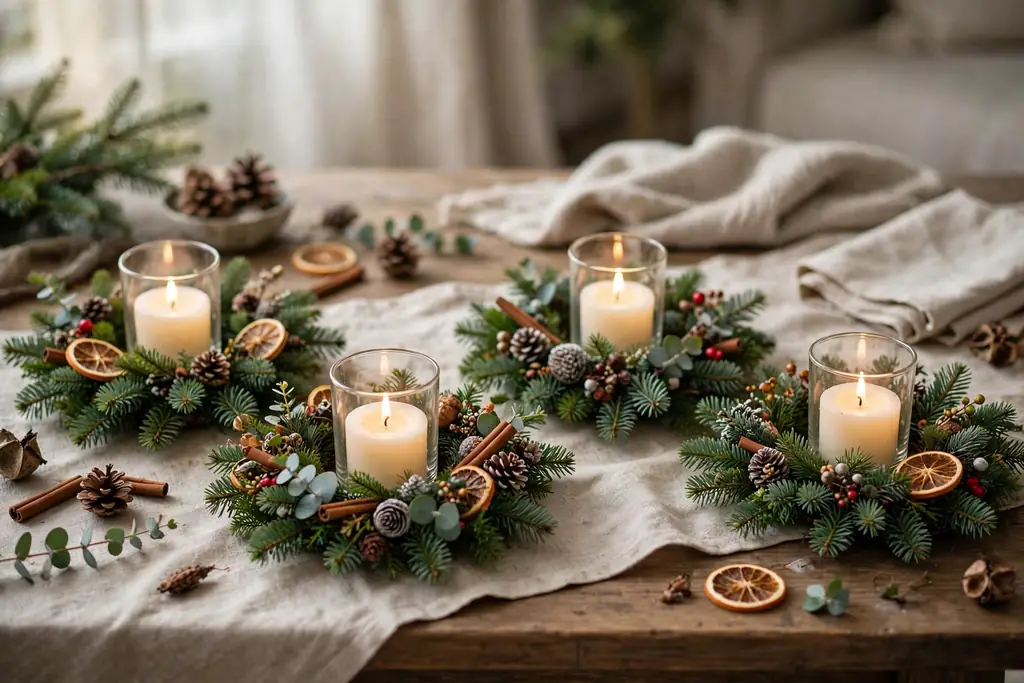 Mini fir wreaths laid flat with pillar candles in glass holders at their centers.