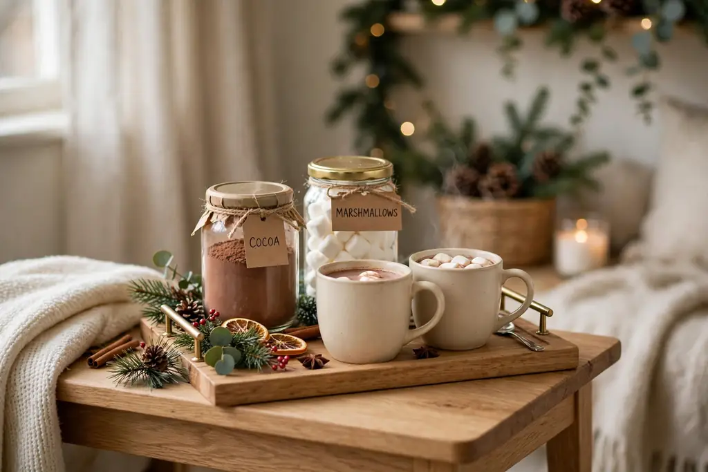 Hot cocoa station tray with two mugs, cocoa, and marshmallows on a side table.
