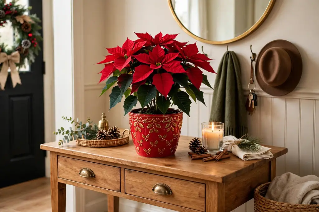 Potted poinsettia in a red pot on an entry table.