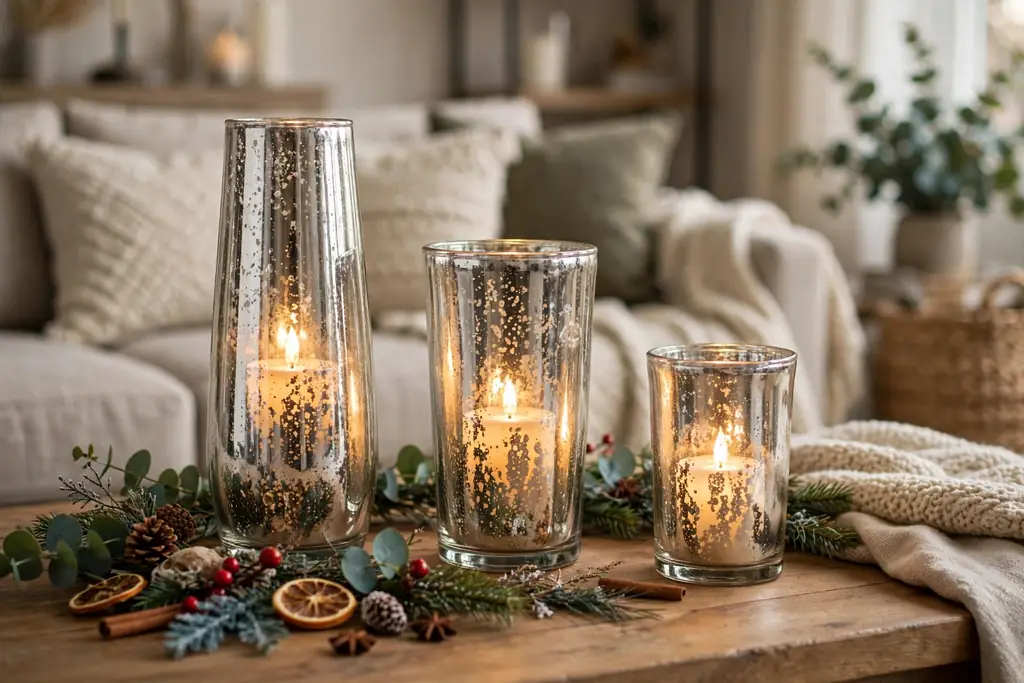 Mercury glass candle holders of different heights with battery candles on a coffee table.