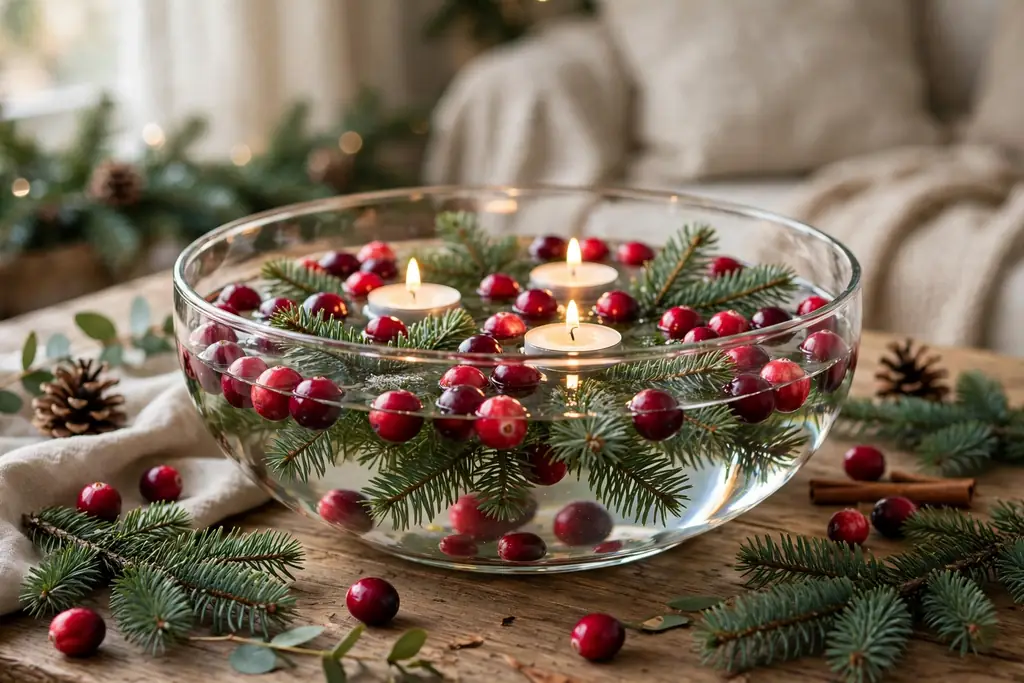 Glass bowl with cranberries, fir sprigs, and floating candles.