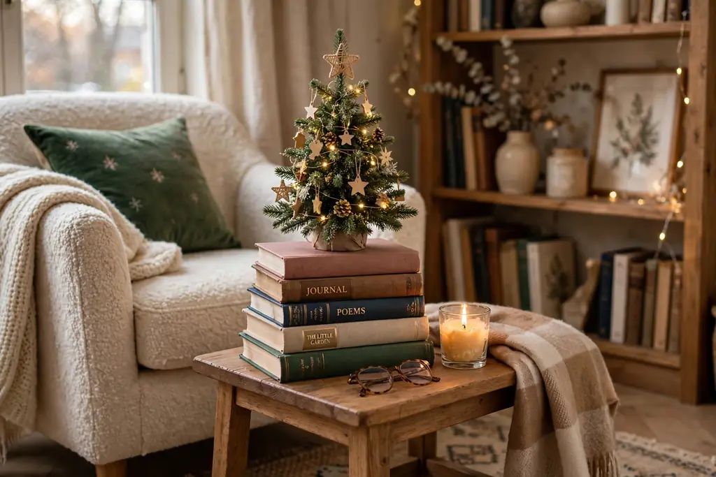 Stack of books topped with a mini Christmas tree and a small candle.