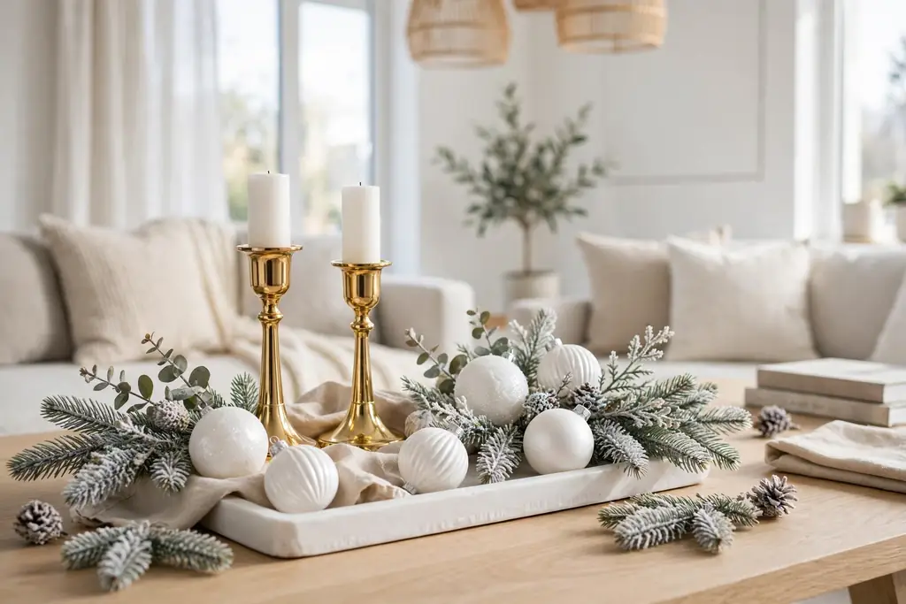 White tray with gold candle holders, white ornaments, and frosted fir sprigs.