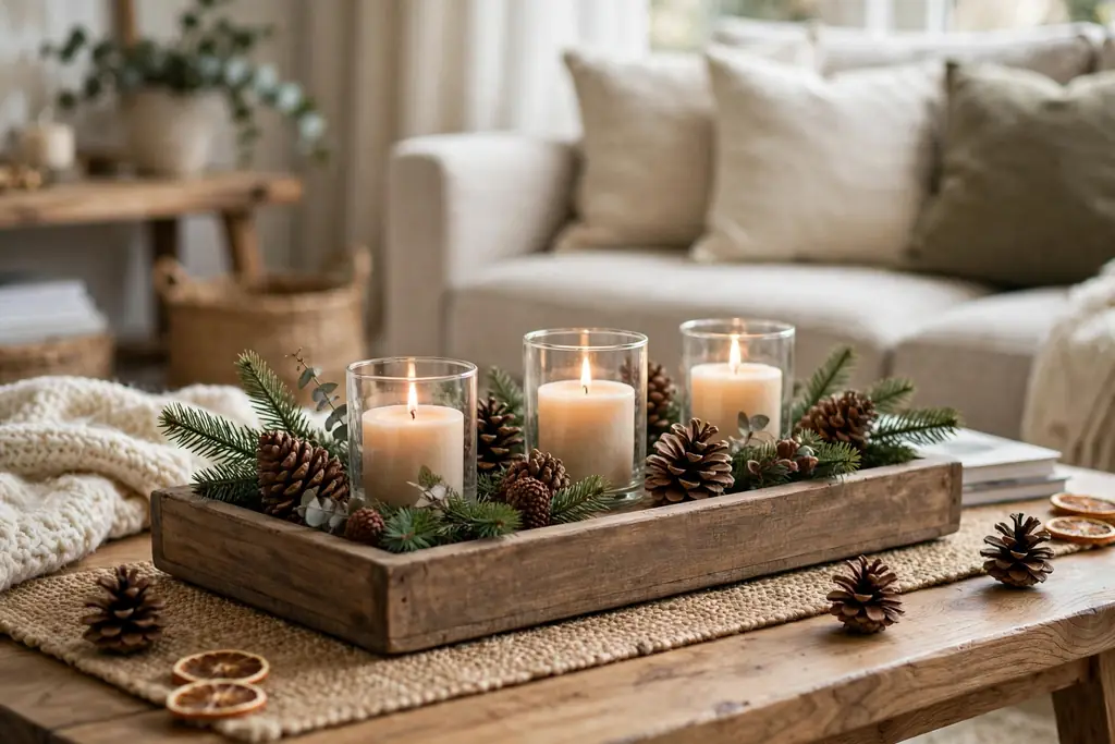Wood tray with pinecones, pillar candles in glass holders, and fir sprigs.