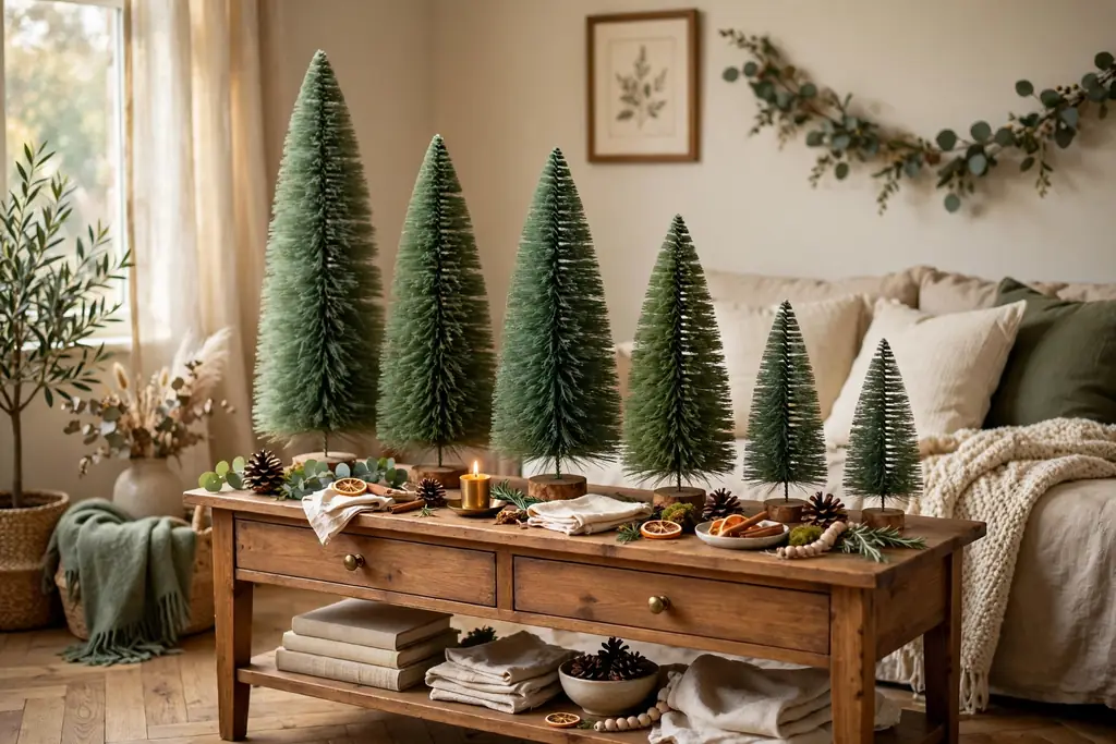 Row of green bottle brush trees in varied heights along a console table.