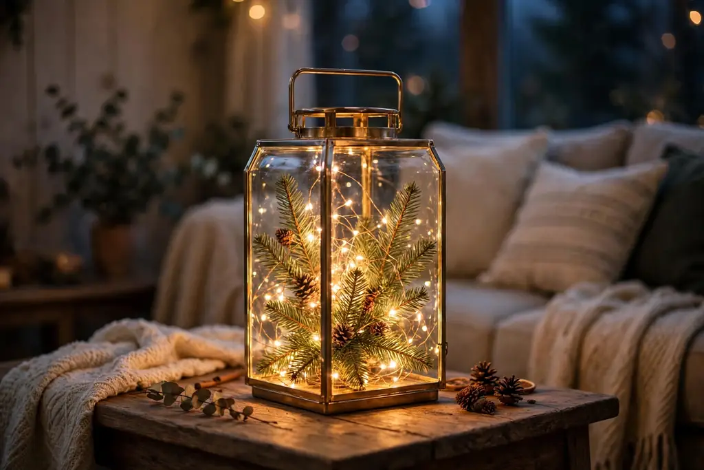 Glass lantern filled with fairy lights and fir sprigs on a side table.