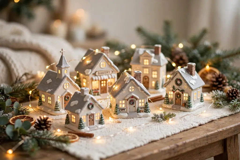 Small ceramic Christmas village houses with fairy lights on a white mat.