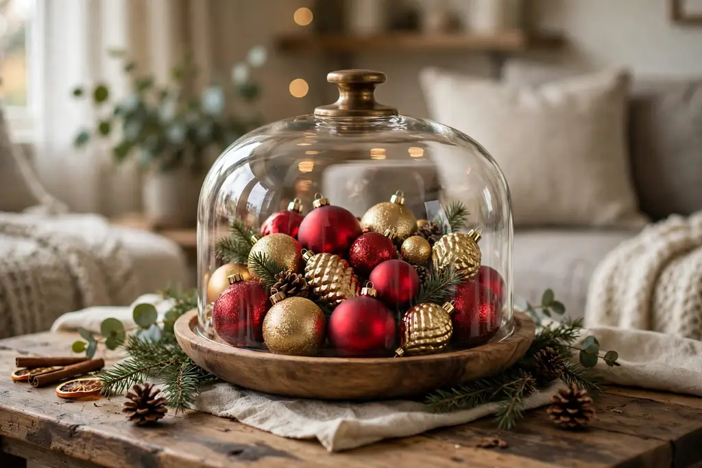 Bowl of red and gold Christmas ornaments under a glass cloche.