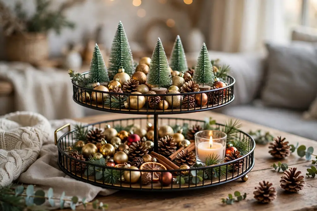Two tier tray filled with mini Christmas ornaments, tiny trees, and pinecones.