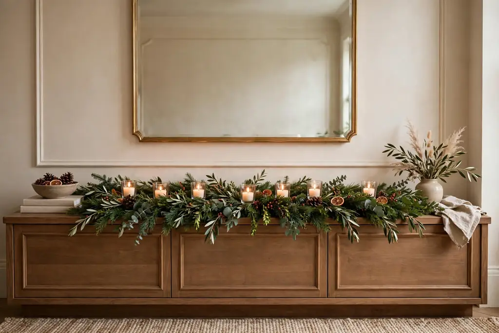 Low greenery runner with small candles in holders on a console table.