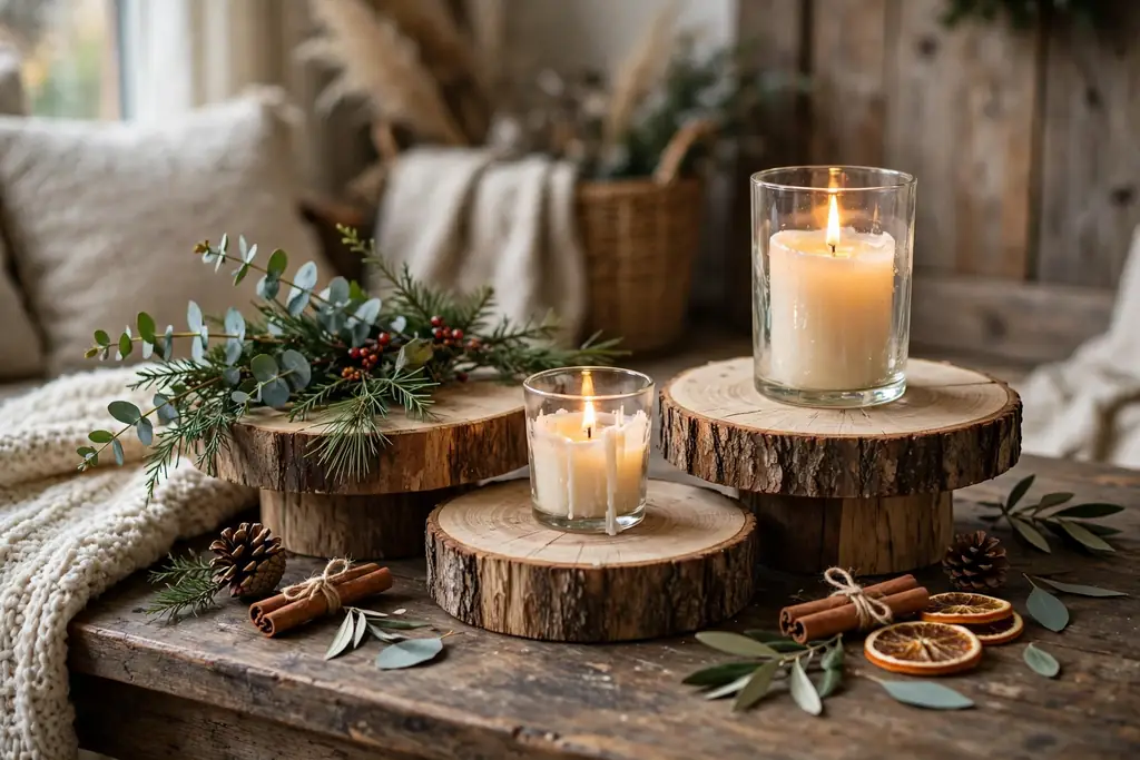 Wood slice risers holding a candle and greenery sprigs on a coffee table.