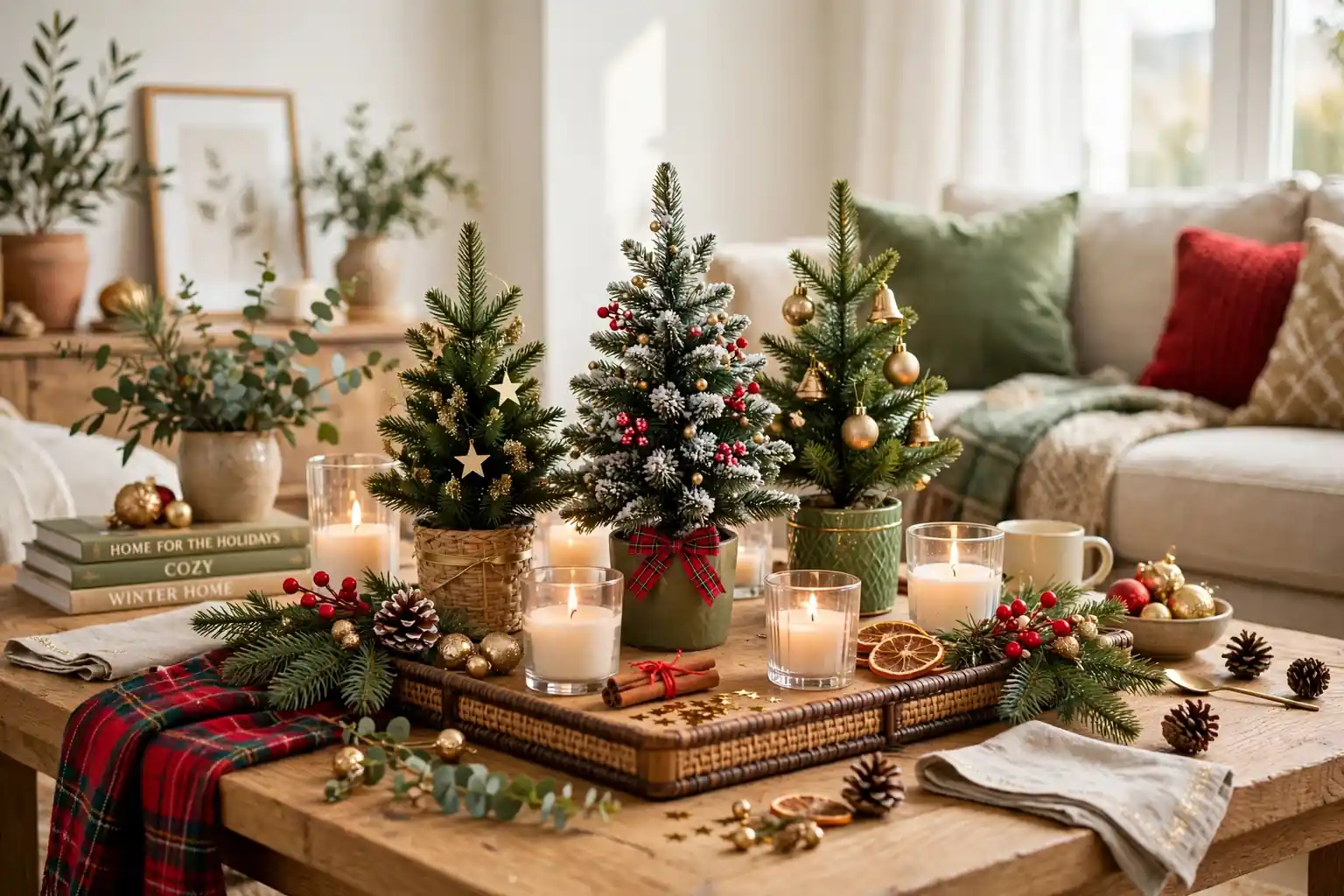 Christmas coffee table display with a tray of mini trees, candles, and fir sprigs in red, gold, and green.
