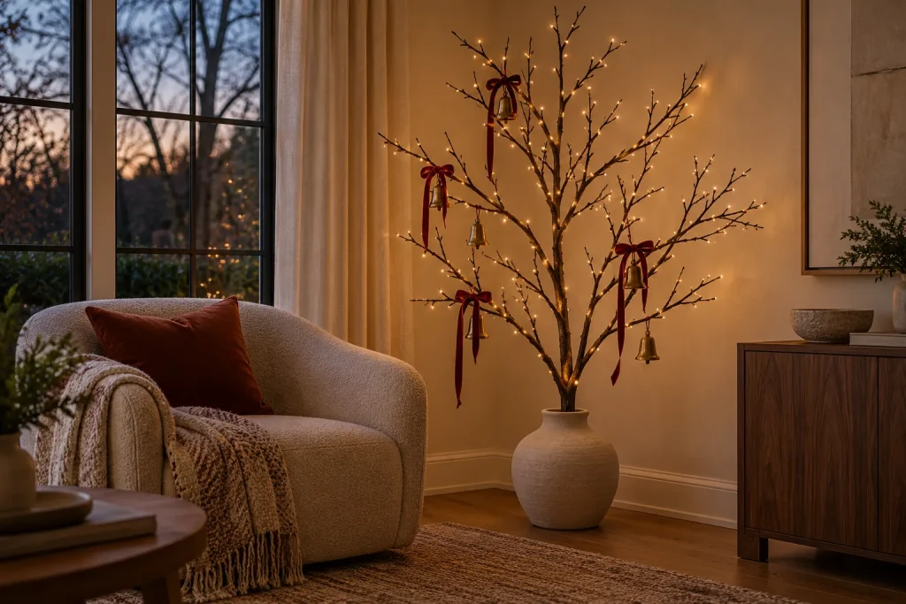 A bare branch tree with brass bells, burgundy bows, and small lights beside an armchair.