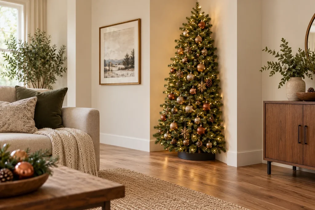 A shallow Christmas tree with copper and gold ornaments in a small wall alcove.