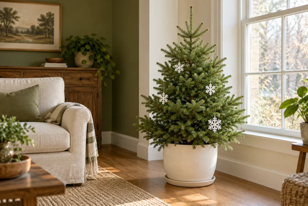 A small potted evergreen with white snowflake ornaments near a bright living room window.