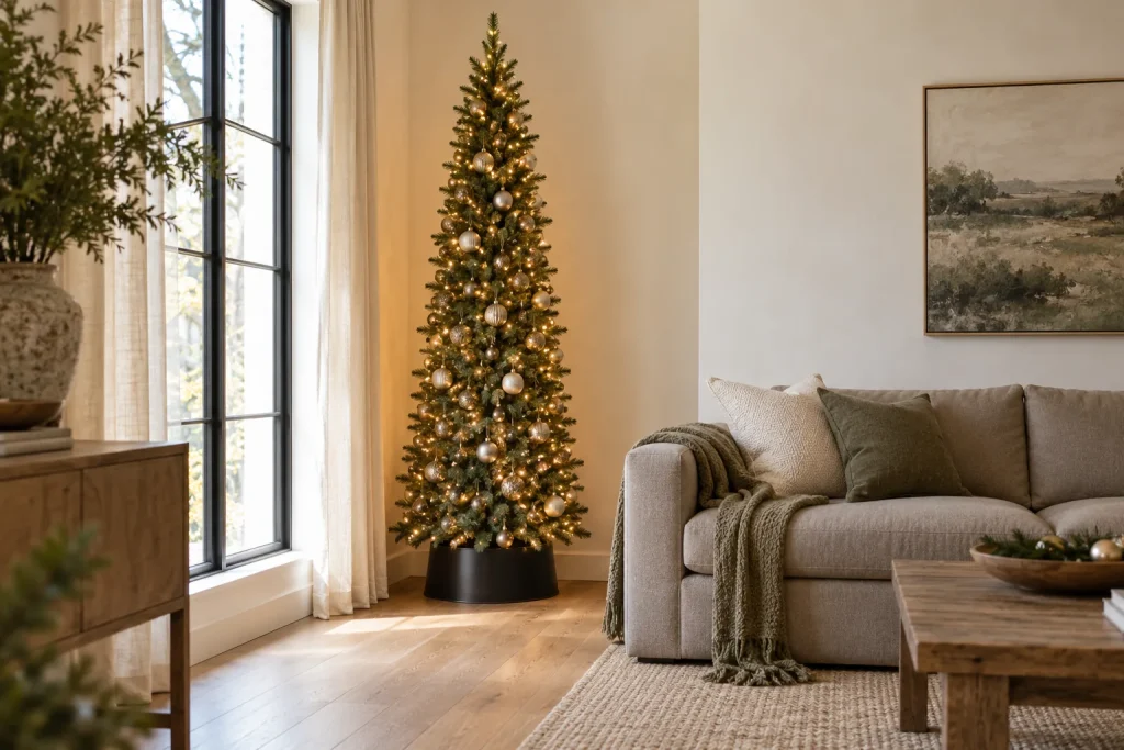 A narrow Christmas tree with champagne ornaments and a black collar beside a taupe sofa.