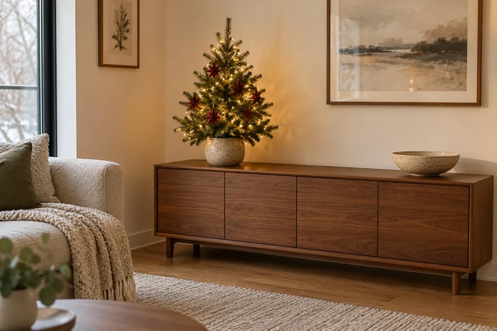 A small Christmas tree with burgundy stars in a ceramic pot on a walnut cabinet.