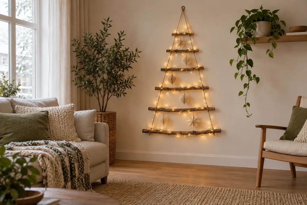 Six wooden branches form a triangular wall tree with paper ornaments and warm string lights.