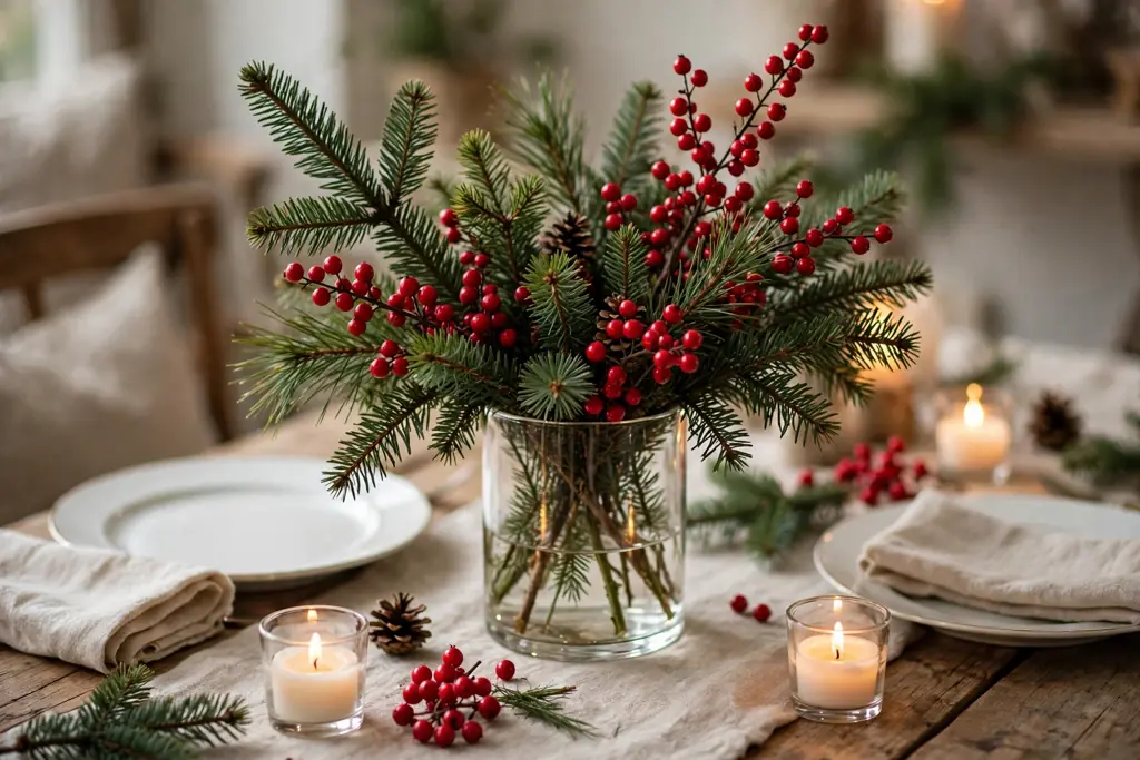 Clear glass vase with fir branches, pine sprigs, and red berries as a dining table centerpiece.