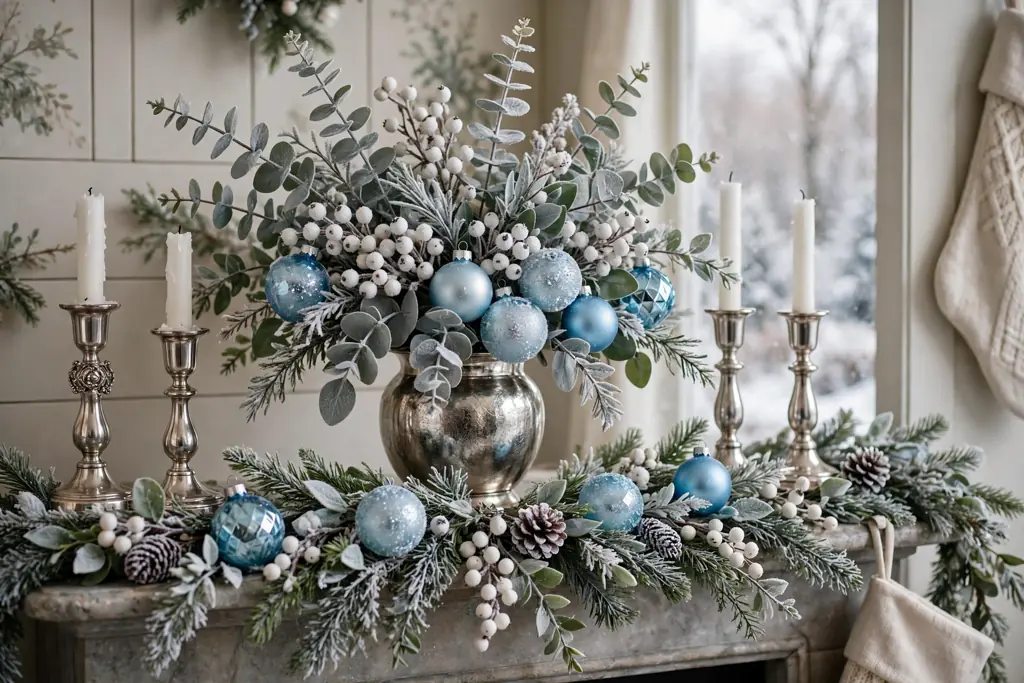 Silver vase with frosted eucalyptus, white berries, and icy blue ornaments on a mantel.