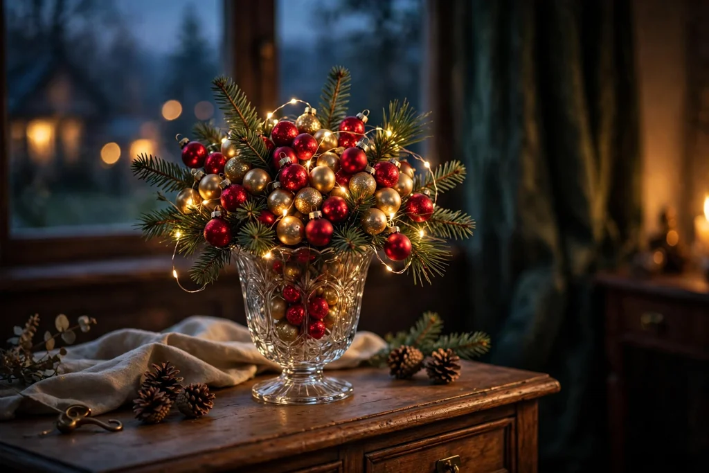 Vintage glass vase with red and gold ornaments, fir sprigs, and fairy lights on a side table.