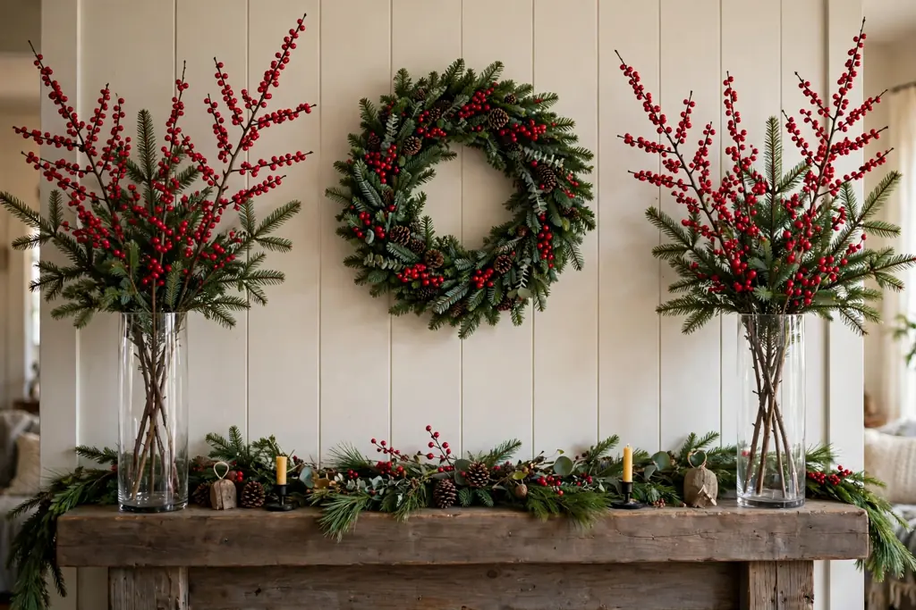 Two tall cylinder vases with red berry branches and fir stems at each end of a mantel.