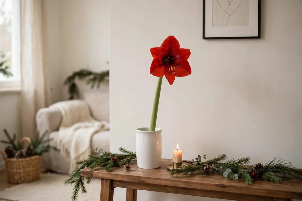 Single tall amaryllis stem in a plain white vase on a console table.