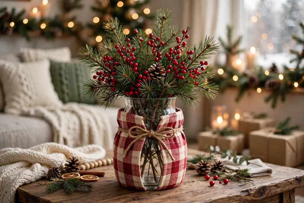 Glass vase wrapped in red and cream plaid with pine sprigs and red berries on a coffee table.